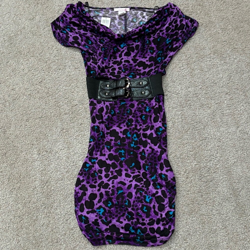 WET SEAL NWT Women’s Cheetah Print Bodycon Dress w/ Belt - purple, size XS